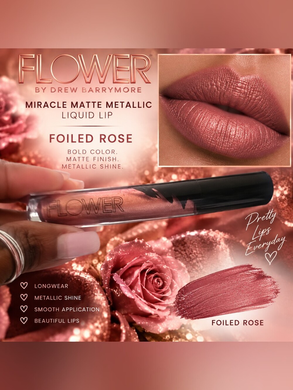 FLOWER Foiled Rose Metallic Matte Liquid Lipstick — Metallic Pink